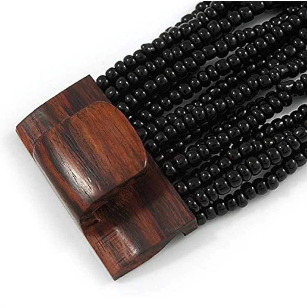 Black Glass Bead Multistrand Flex Bracelet With Wooden Closure